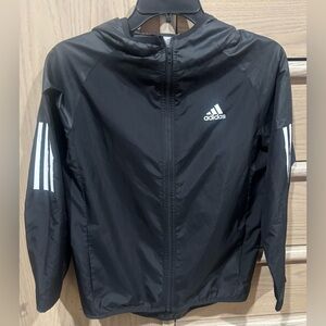 Adidas Black Rain Jacket with White Stripes.